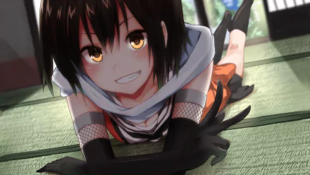 HD anime wallpaper featuring Sendai from Kantai Collection with bright eyes and a playful smile, lying on a tatami floor in a sunlit room.