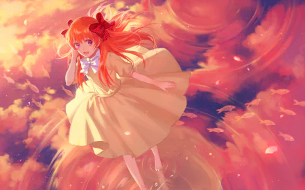 A vibrant HD wallpaper featuring Chiyo Sakura from Gekkan Shoujo Nozaki-kun, surrounded by swirling colorful clouds, capturing the whimsical essence of the anime.