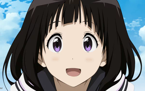 A vibrant HD desktop wallpaper featuring Eru Chitanda from the anime Hyouka, showcasing her cheerful expression against a backdrop of blue skies and fluffy clouds.