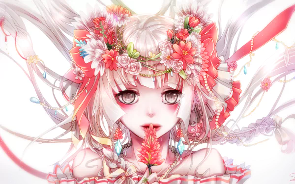 Anime-style HD wallpaper of Luka Megurine with long white hair, brown eyes, wearing a floral headdress and bow, softly blushing with delicate lips.