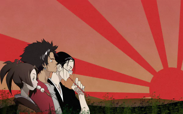 HD PC anime wallpaper: Samurai Champloo trio Mugen, Jin and Fuu in profile before a stylized red rising sun with a grassy foreground.