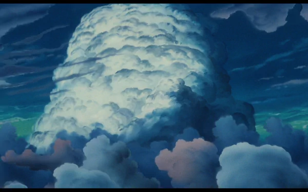 HD PC desktop wallpaper — anime scene from Laputa: Castle in the Sky showing a towering cloud formation rising above soft layered clouds against a moody twilight sky.