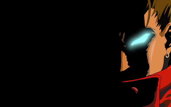 HD anime desktop wallpaper featuring a close-up of Trigun's Vash the Stampede with glowing eyes against a black background.