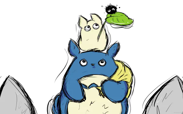 HD wallpaper featuring Totoro, Mini Totoro, and Sootballs from My Neighbor Totoro against a sketch-like background.