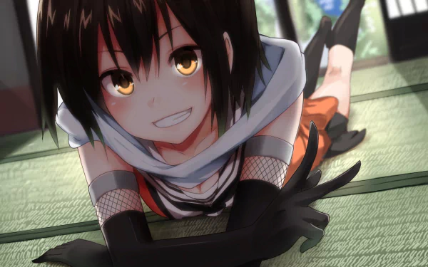 HD anime wallpaper featuring Sendai from Kantai Collection with bright eyes and a playful smile, lying on a tatami floor in a sunlit room.