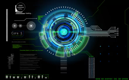 A vibrant HD desktop wallpaper featuring a futuristic circular design with blue and green elements, complemented by digital code and technology motifs, overlaid with Google Chrome themes.
