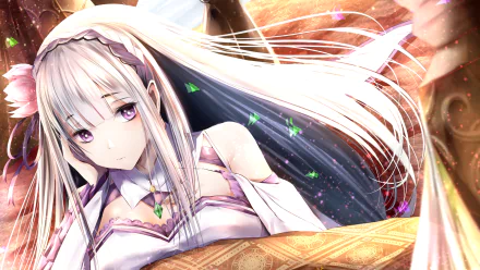 HD desktop wallpaper of Emilia from Re:Zero - Starting Life in Another World, featuring detailed anime artwork. Emilia has long white hair and purple eyes, set against a vibrant, magical background.