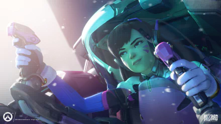 D.Va from Overwatch skillfully pilots her mech in this HD wallpaper, showcasing her dynamic presence and vibrant design from the popular video game.