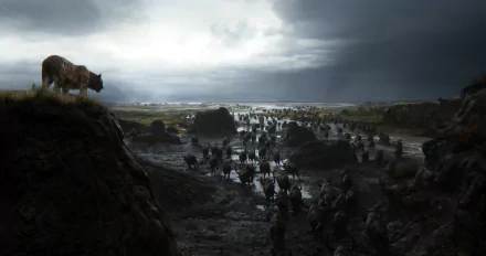 HD PC desktop wallpaper featuring Shere Khan from the 2016 movie The Jungle Book, overlooking a dark, vast, watery landscape under a cloudy sky.