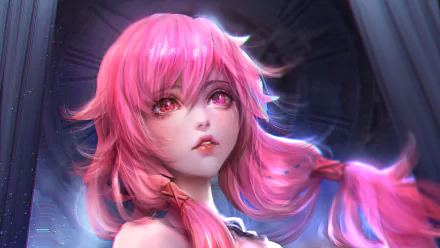 A vibrant HD wallpaper featuring Inori Yuzuriha from the anime Guilty Crown, showcasing her striking pink hair and captivating gaze against a dramatic background.