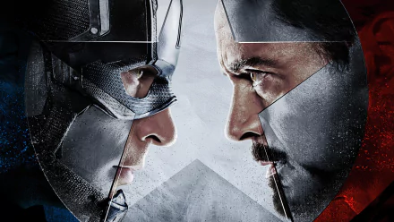 HD wallpaper featuring a dramatic face-off between Captain America and Iron Man from the movie Captain America: Civil War, showcasing their intense rivalry.