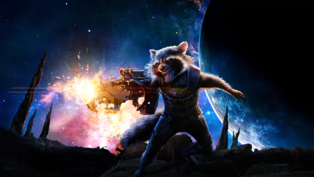 Rocket Raccoon from Guardians of the Galaxy blasts through a cosmic landscape, showcasing vibrant colors and dynamic action in this HD PC desktop wallpaper.