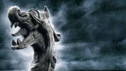 A dramatic HD wallpaper featuring a drakkar prow, inspired by the TV show Vikings (2013), set against a stormy backdrop.