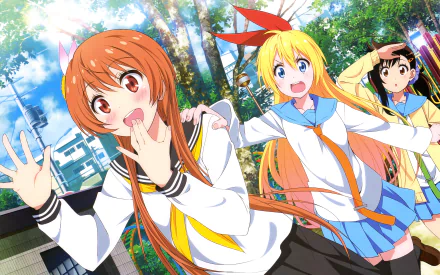 An HD desktop wallpaper featuring characters Haru Onodera, Chitoge Kirisaki, and Marika Tachibana from the anime Nisekoi. They are depicted in school uniforms with vibrant backgrounds and expressive poses.