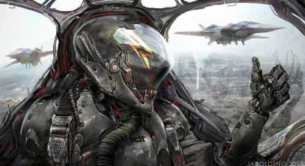 HD sci-fi desktop wallpaper depicting a futuristic military pilot in advanced armor inside a cockpit with flying drones over a desolate landscape.