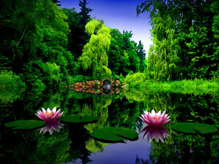 A serene pond scene featuring vibrant lotus flowers and lily pads, surrounded by lush greenery and a tranquil bridge, reflecting the beauty of spring in a peaceful park.