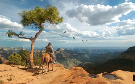 A cowboy on horseback gazes over the Grand Canyon, surrounded by dramatic landscapes and a clear sky, capturing the beauty of nature in this stunning HD wallpaper.