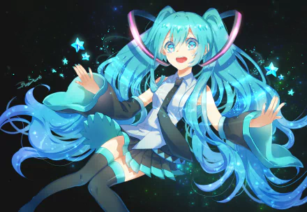 Hatsune Miku with aqua twintails and eyes smiles brightly, wearing a tie, skirt, and pantyhose, surrounded by glowing stars and glitter in this vibrant anime HD wallpaper.