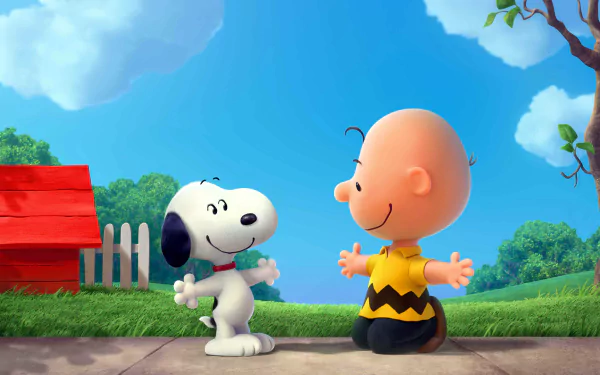 An HD wallpaper featuring Charlie Brown and Snoopy from The Peanuts Movie, set against a bright blue sky and green landscape, showcasing their friendship and playful spirit.
