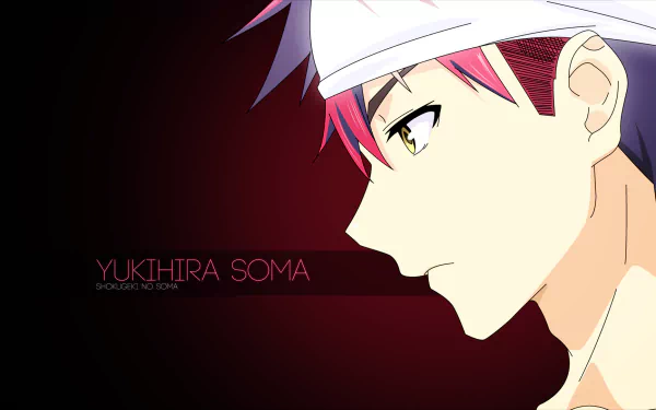 HD desktop wallpaper of Sōma Yukihira from the anime Food Wars: Shokugeki no Soma, featuring a close-up profile with a text overlay of his name against a dark background.