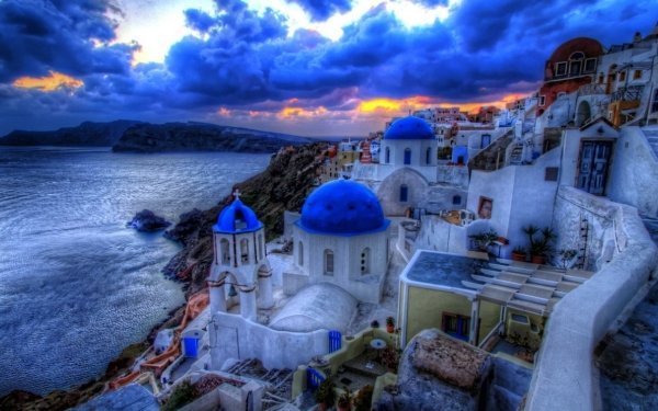 Man Made Santorini Towns Greece House White Blue Sky Sunset Cloud HDR HD Wallpaper | Background Image