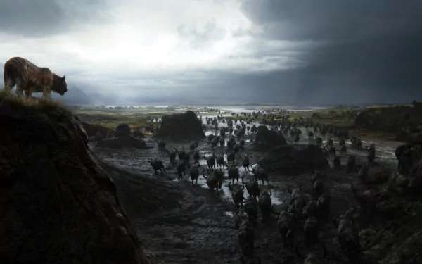 HD PC desktop wallpaper featuring Shere Khan from the 2016 movie The Jungle Book, overlooking a dark, vast, watery landscape under a cloudy sky.