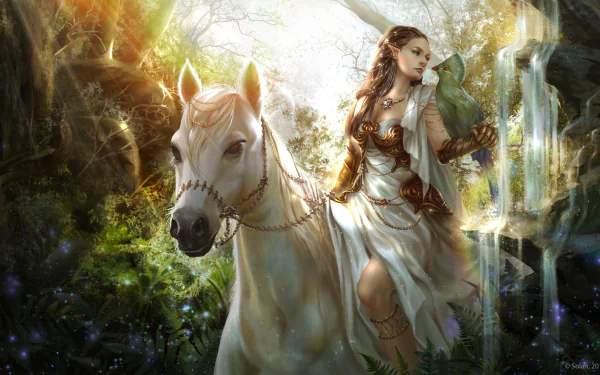 A fantasy HD desktop wallpaper featuring an elf woman with pointed ears riding a horse by a waterfall, accompanied by a bird. The scene is lush and magical, with vibrant light filtering through the trees.