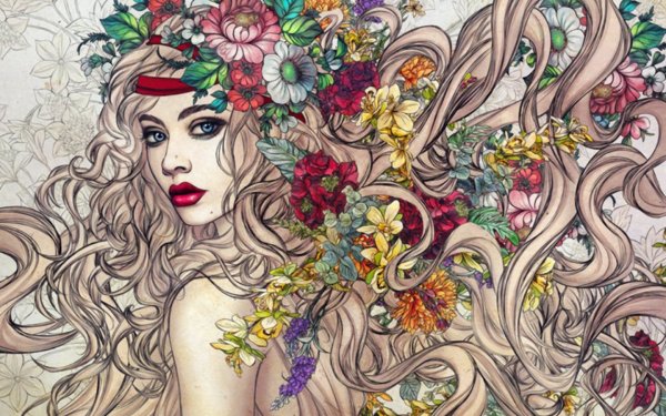 Women Artistic Flower Hair Drawing Blue Eyes Lipstick HD Wallpaper | Background Image