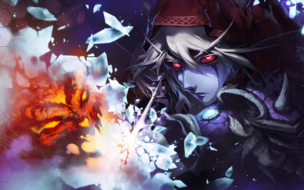 Sylvanas Windrunner from World of Warcraft, depicted with striking red eyes and a powerful expression, surrounded by explosive effects and shattered ice in a vibrant HD wallpaper.