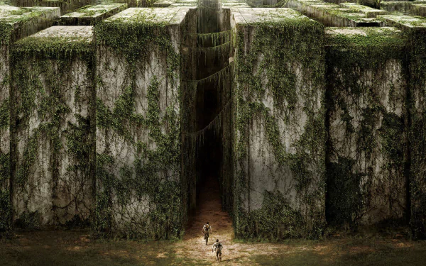 A high-definition desktop wallpaper featuring a scene from The Maze Runner, showcasing towering, moss-covered walls of the labyrinth with two figures at the entrance.