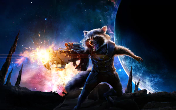 Rocket Raccoon from Guardians of the Galaxy blasts through a cosmic landscape, showcasing vibrant colors and dynamic action in this HD PC desktop wallpaper.