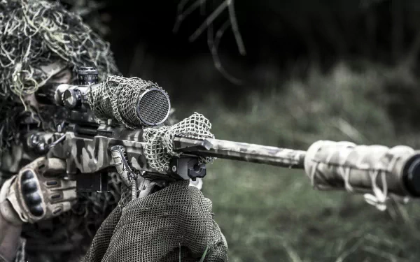 A soldier camouflaged in foliage aims a sniper rifle, showcasing military precision and focus. This high-definition image serves as an engaging desktop wallpaper.