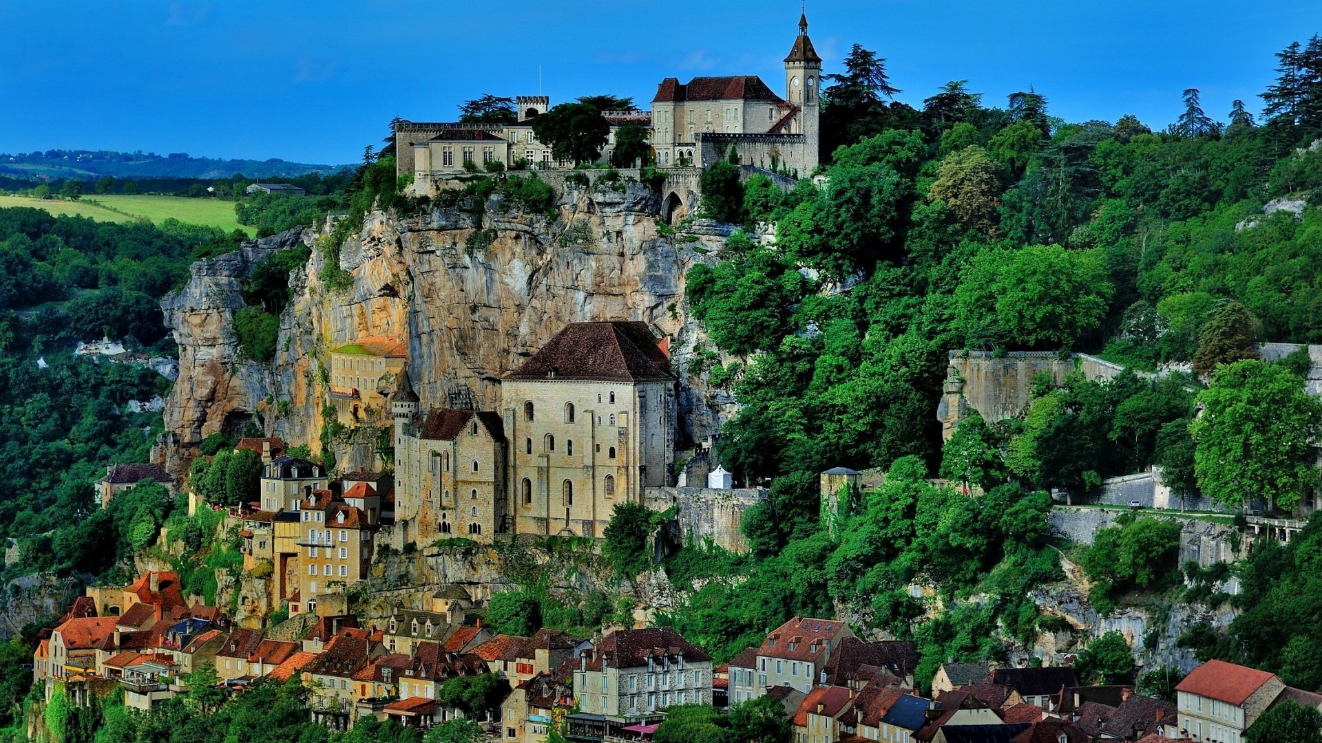 Stone buildings and houses clustered on a cliffside in Rocamadour, France, showcasing a historic man-made cityscape surrounded by greenery.