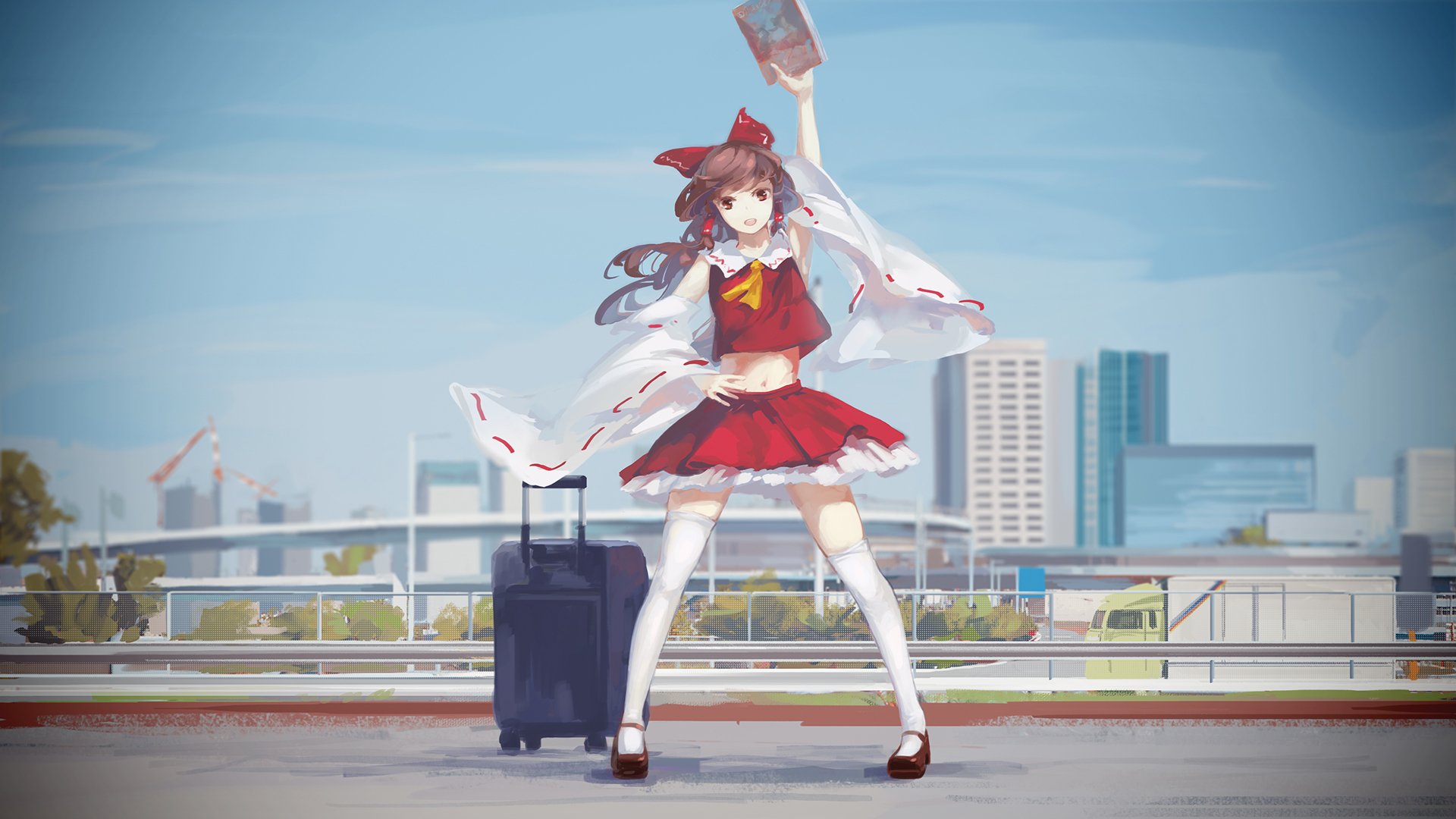 HD PC desktop wallpaper featuring Reimu Hakurei from the Touhou anime series, standing confidently on an urban rooftop with a suitcase against a city skyline.