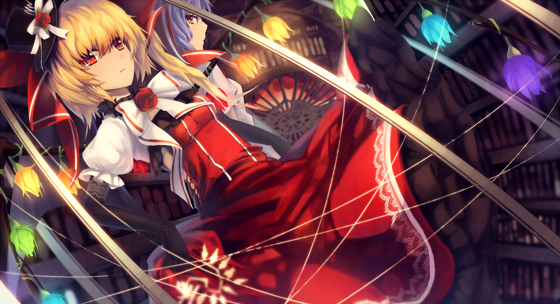 HD PC desktop wallpaper of Touhou's Remilia and Flandre Scarlet — anime style, red dresses, glowing crystal wings, and a gothic clockwork backdrop.