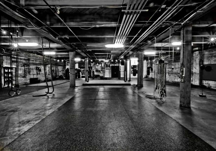 A black and white image of a boxing gym features spacious workout areas and training equipment, illuminated by overhead lights, creating a gritty, energetic sports atmosphere.