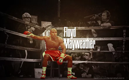 HD desktop wallpaper featuring Floyd Mayweather in a boxing ring, poised confidently and highlighted in color against a monochrome background.