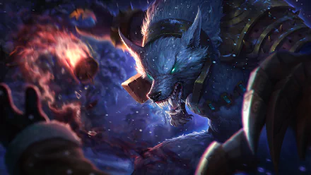HD desktop wallpaper featuring Warwick, the werewolf champion from the video game League of Legends, snarling fiercely in a dark, intense battle scene.