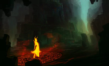 A dark fantasy scene with a glowing magical creature standing on a fiery rune circle in a shadowy, mystical environment; HD desktop wallpaper and background.