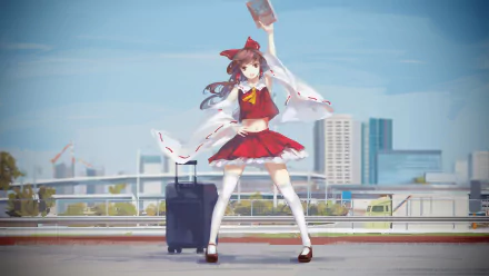 HD PC desktop wallpaper featuring Reimu Hakurei from the Touhou anime series, standing confidently on an urban rooftop with a suitcase against a city skyline.