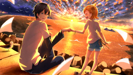 Seishuu Handa and Naru Kotoishi share a heartfelt moment against a stunning sunset backdrop in this vibrant HD desktop wallpaper from the anime Barakamon.