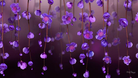 HD desktop wallpaper featuring a nature scene with delicate purple flowers blossoming on cascading vines against a blurred background.