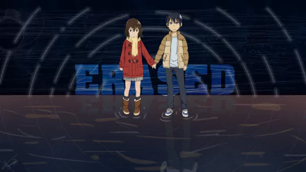 A high-definition wallpaper featuring Satoru Fujinuma and Kayo Hinazuki from the anime Erased, standing together in a rainy setting with the title prominently displayed.