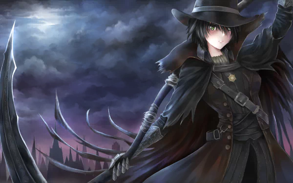 A dynamic character in dark attire wields a scythe against a moody, atmospheric backdrop, capturing the essence of Bloodborne in stunning 4K Ultra HD.