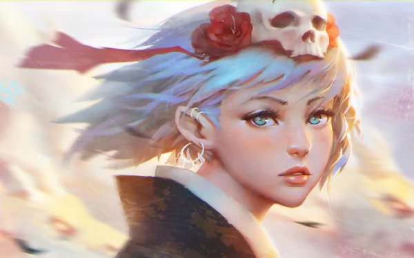 HD desktop wallpaper featuring a fantasy woman with short aqua-blue hair, pointed ears, and wearing a skull with a red rose on her head.