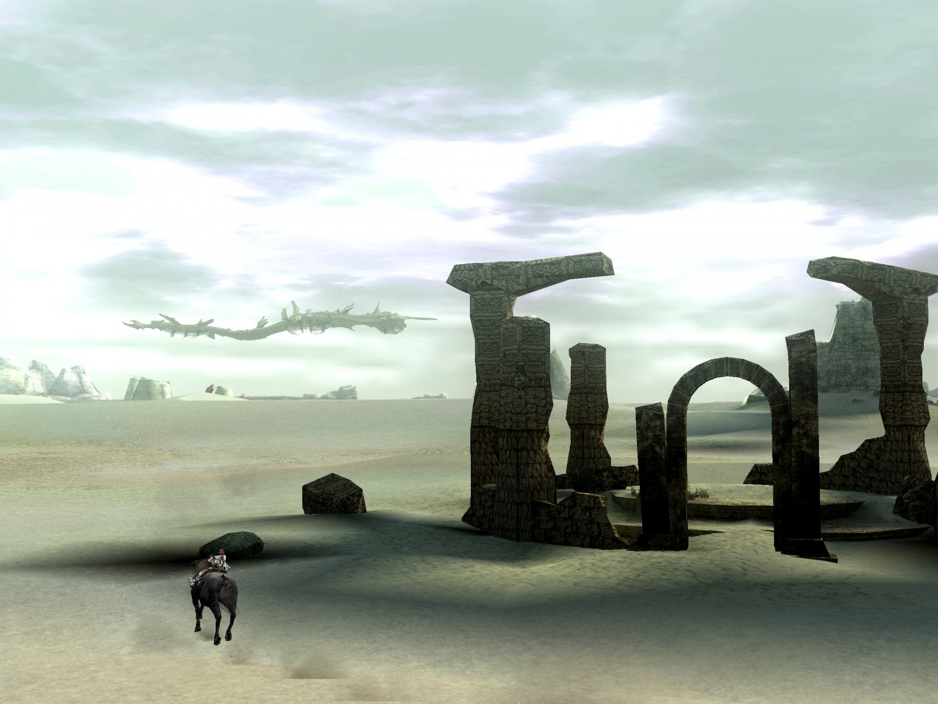 A solitary horse stands near ancient ruins in a desolate landscape, evoking the haunting beauty of the video game Shadow of the Colossus. Dramatic clouds fill the sky above.