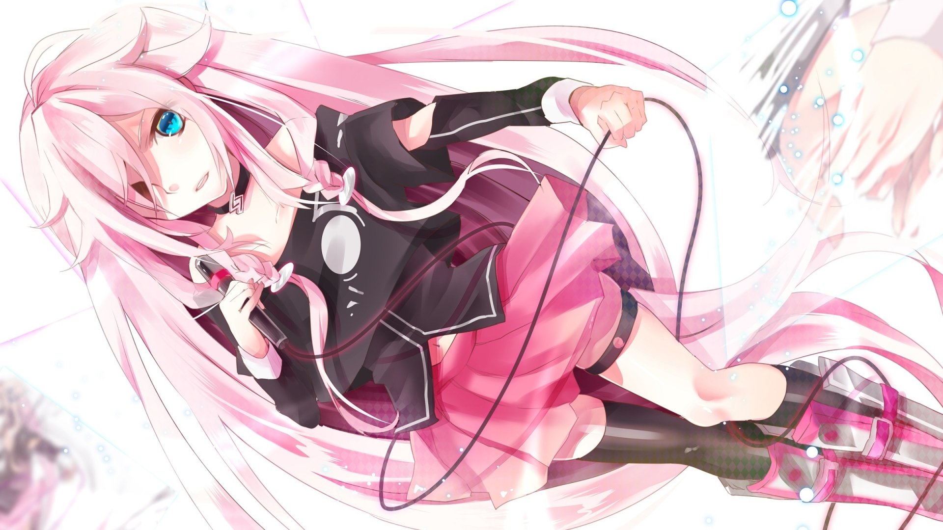 HD anime wallpaper of IA from Vocaloid with long pink hair, blue eyes, wearing a dress, skirt, thigh highs, holding a microphone.