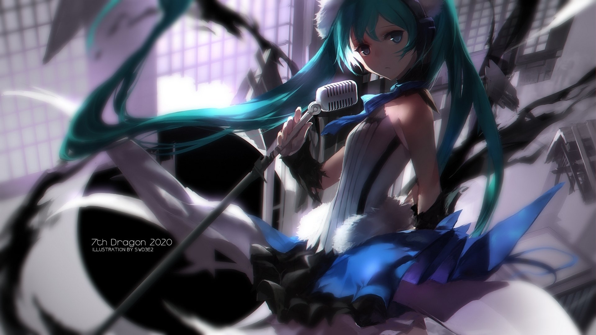 HD anime wallpaper featuring Hatsune Miku with long blue twin-tailed hair, blue eyes, wearing a dress, and holding a microphone in a dynamic pose.