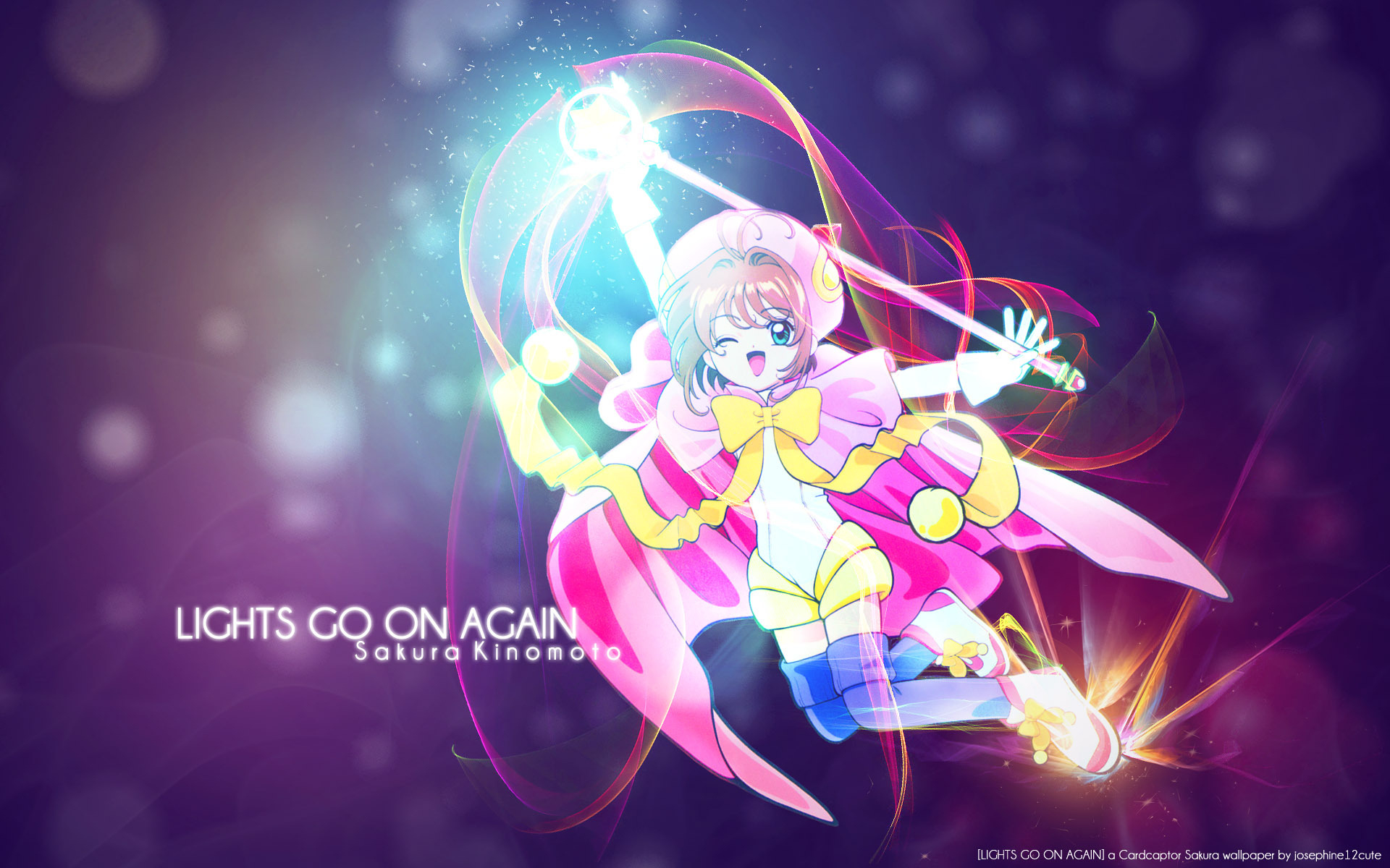 HD PC desktop wallpaper featuring anime character Sakura Kinomoto from Cardcaptor Sakura with vibrant magical effects and glowing light trails.