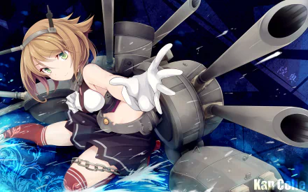 Mutsu from KanColle is featured in this HD anime wallpaper, showcasing her striking pose and dynamic background, capturing the essence of Kantai Collection.